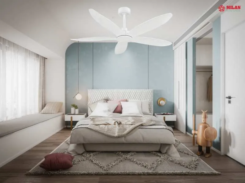 Quạt trần 5 cánh Milan FY586 8 Quạt trần 5 cánh lá FY586 màu trắng vận hành êm ái, phù hợp cho không gian nghỉ ngơi thư giãn.