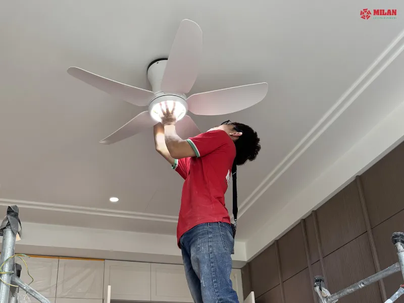 Quạt trần cho chung cư mini được cố định chắc chắn bằng ty ren và tắc kê nở đạn.