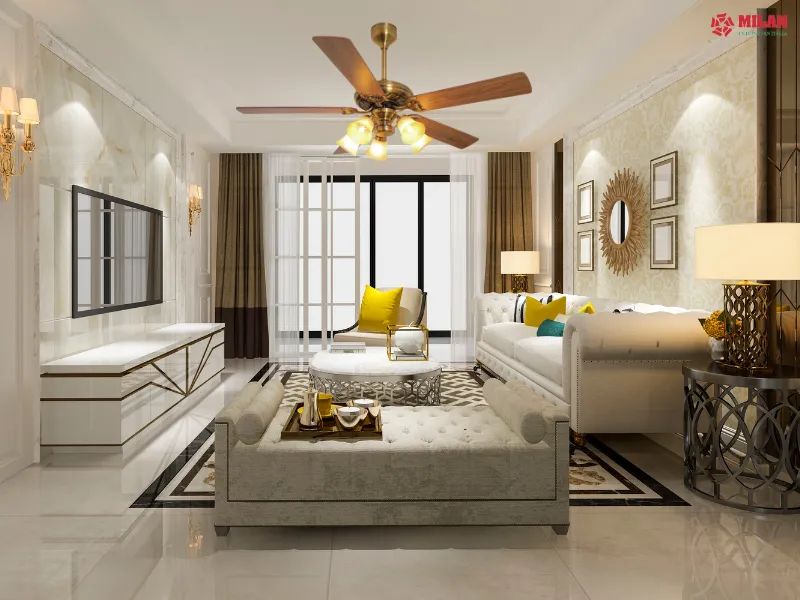 Quạt trần gắn đèn chùm vừa làm mát vừa chiếu sáng.