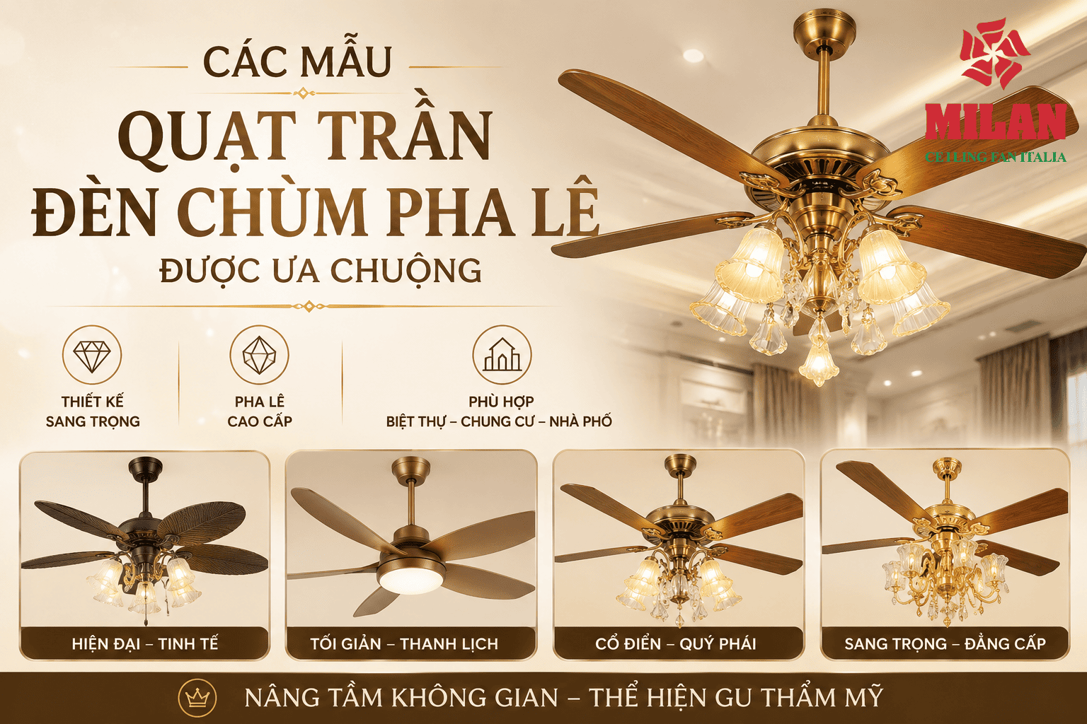 Các Mẫu Quạt Trần Đèn Chùm Pha Lê Được Ưa Chuộng Hiện Nay