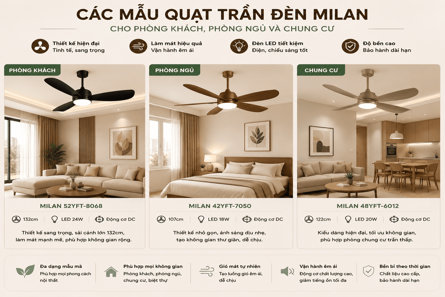 Các Mẫu Quạt Trần Đèn Milan Cho Phòng Khách, Phòng Ngủ Và Chung Cư