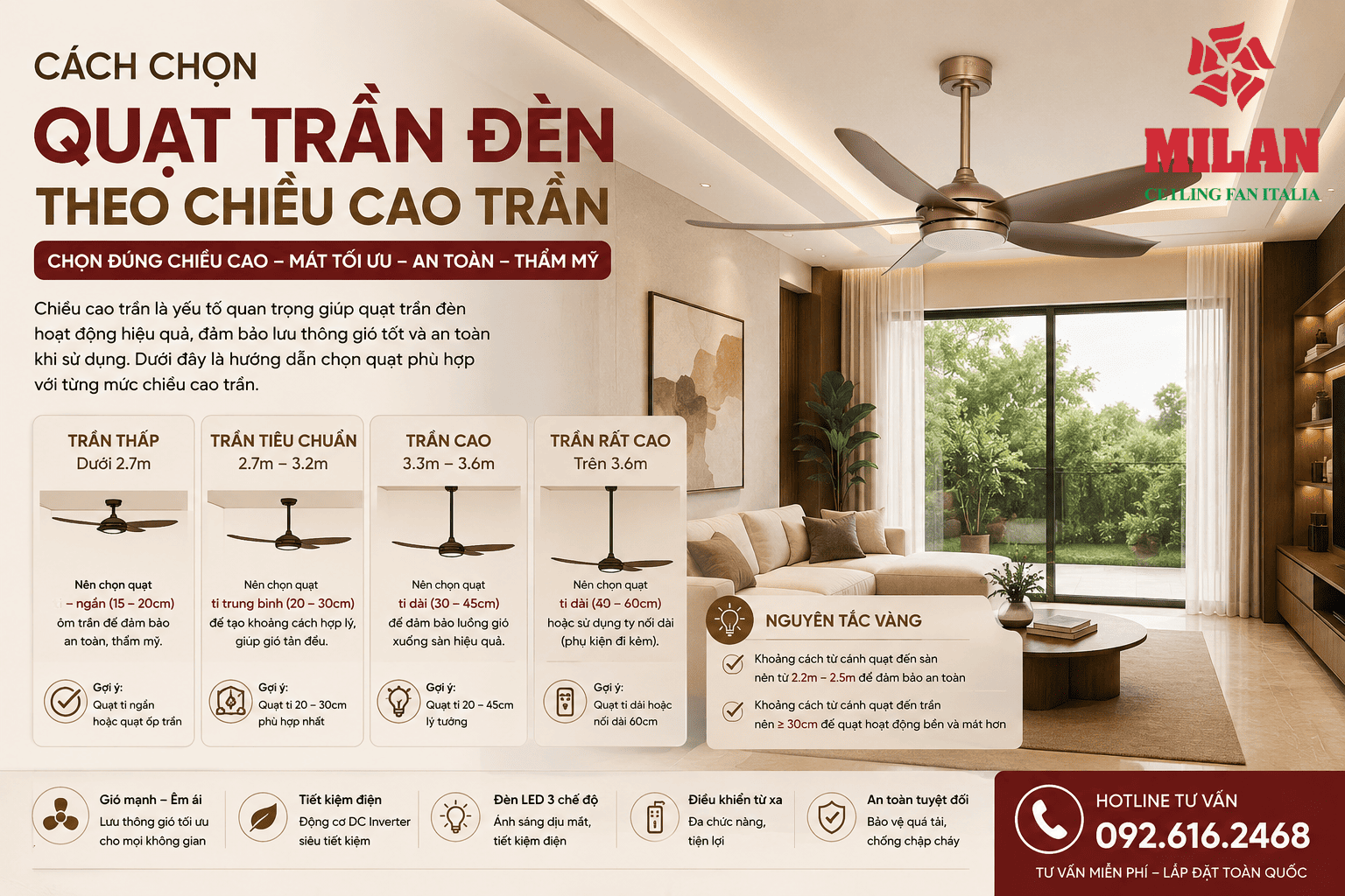 Cách Chọn Quạt Trần Đèn Theo Chiều Cao Trần