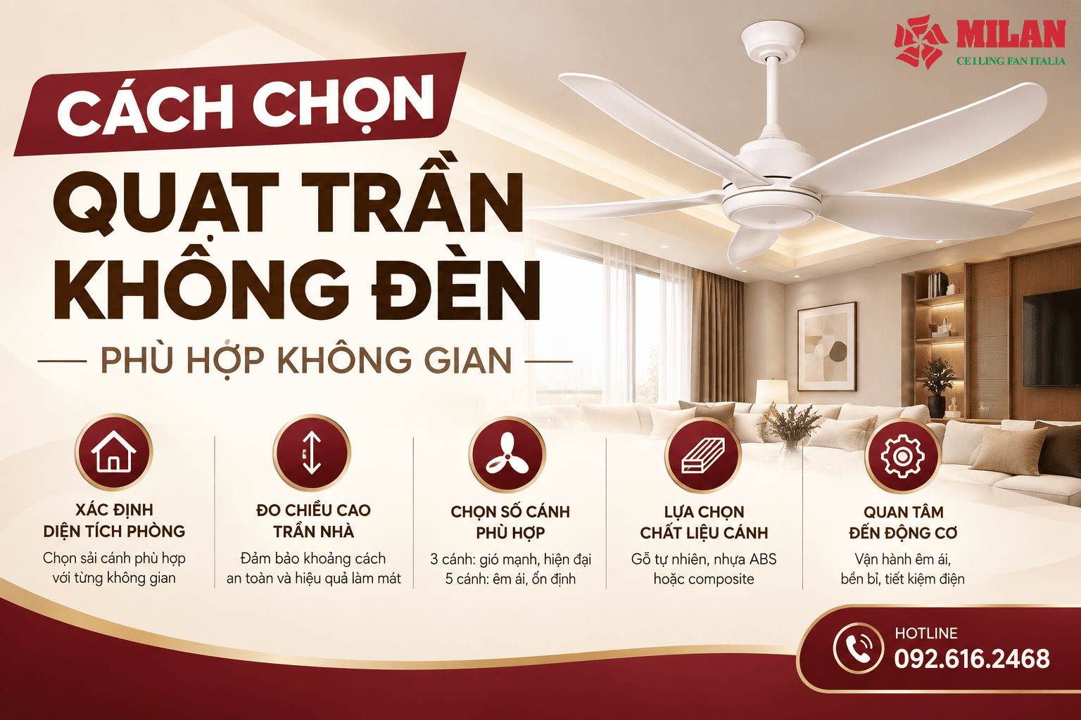 Cách Chọn Quạt Trần Không Đèn Phù Hợp Không Gian