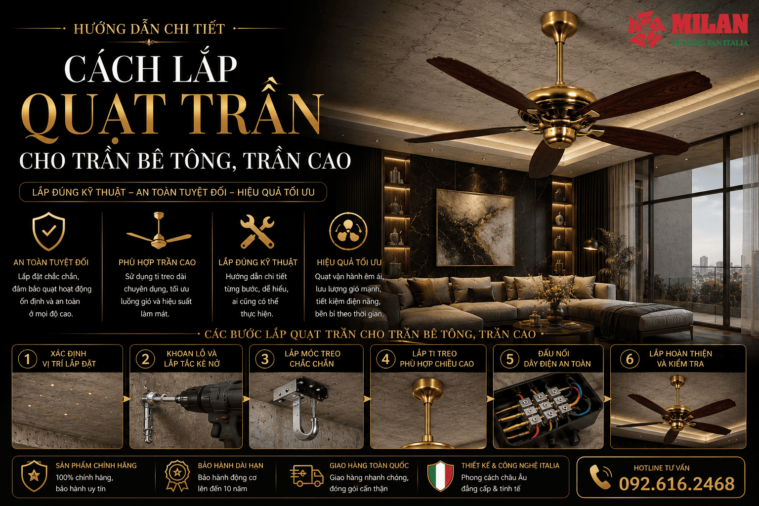 Cách Lắp Quạt Trần Cho Trần Bê Tông, Trần Cao