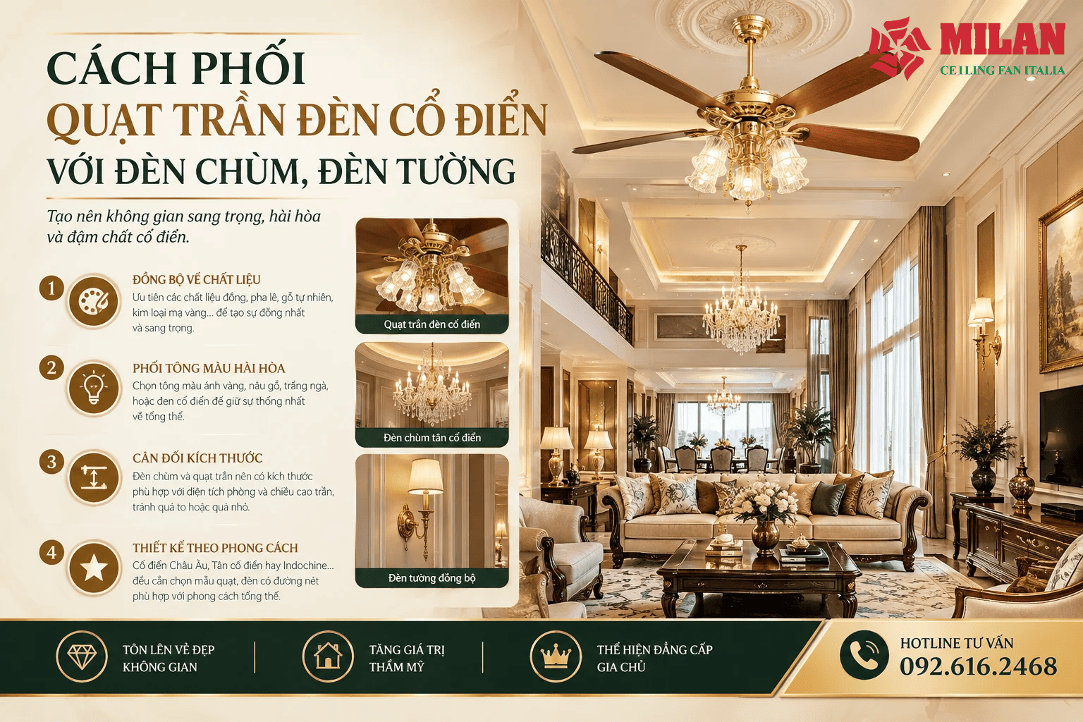 Cách Phối Quạt Trần Đèn Cổ Điển Với Đèn Chùm, Đèn Tường