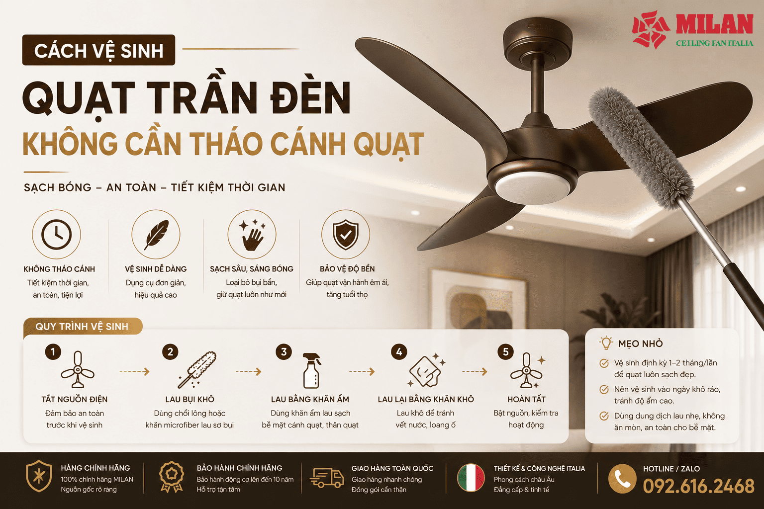 Cách Vệ Sinh Quạt Trần Đèn Không Cần Tháo Cánh Quạt
