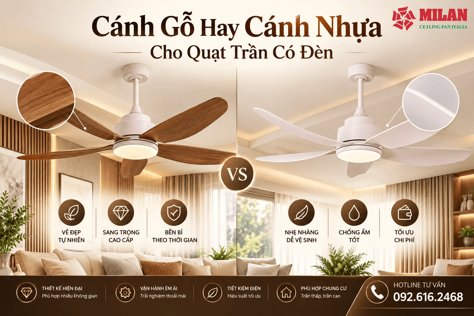 Cánh Gỗ Hay Cánh Nhựa Cho Quạt Trần Có Đèn