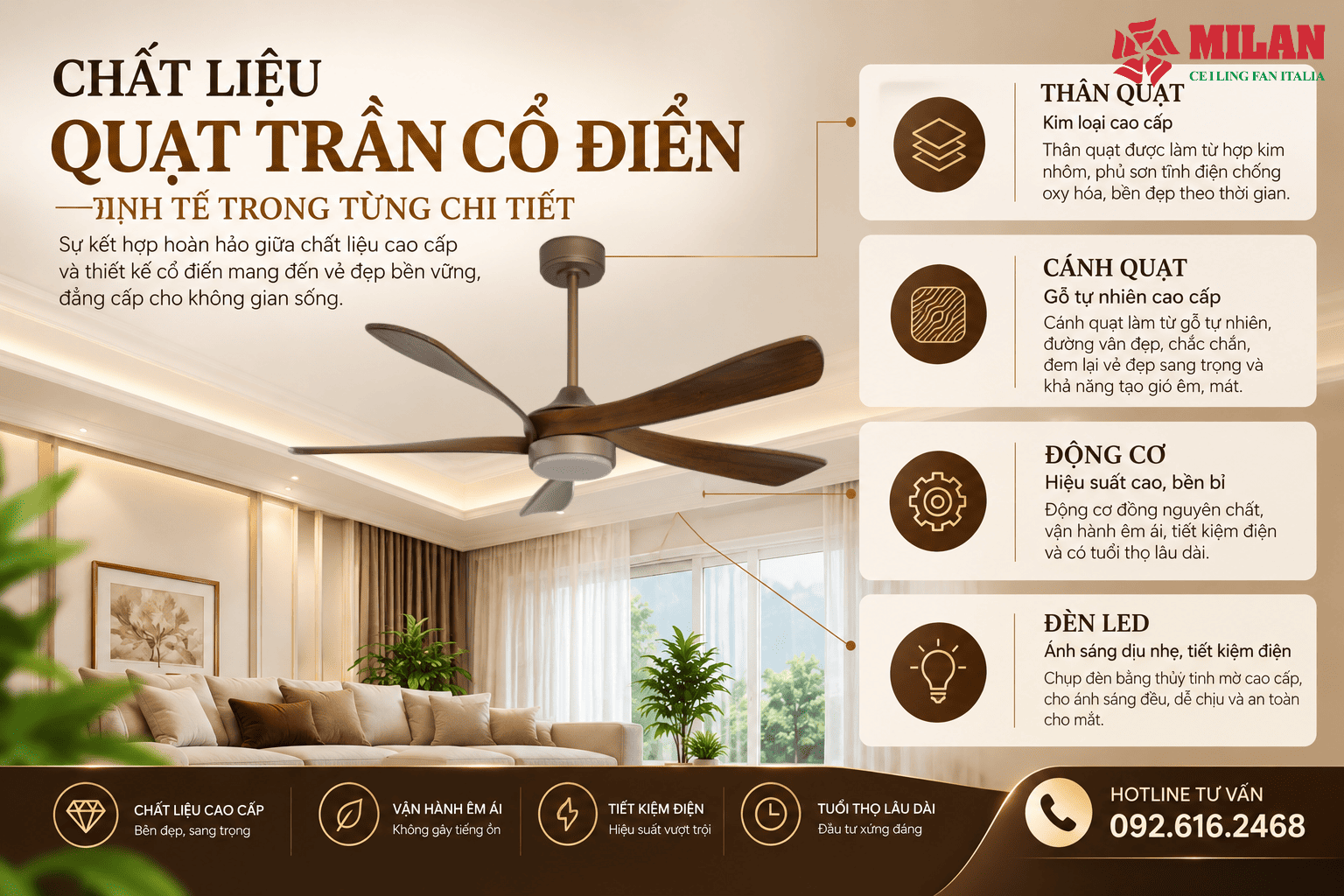 Chất Liệu Quạt Trần Cổ Điển: Thân, Cánh Gỗ, Động Cơ Và Đèn