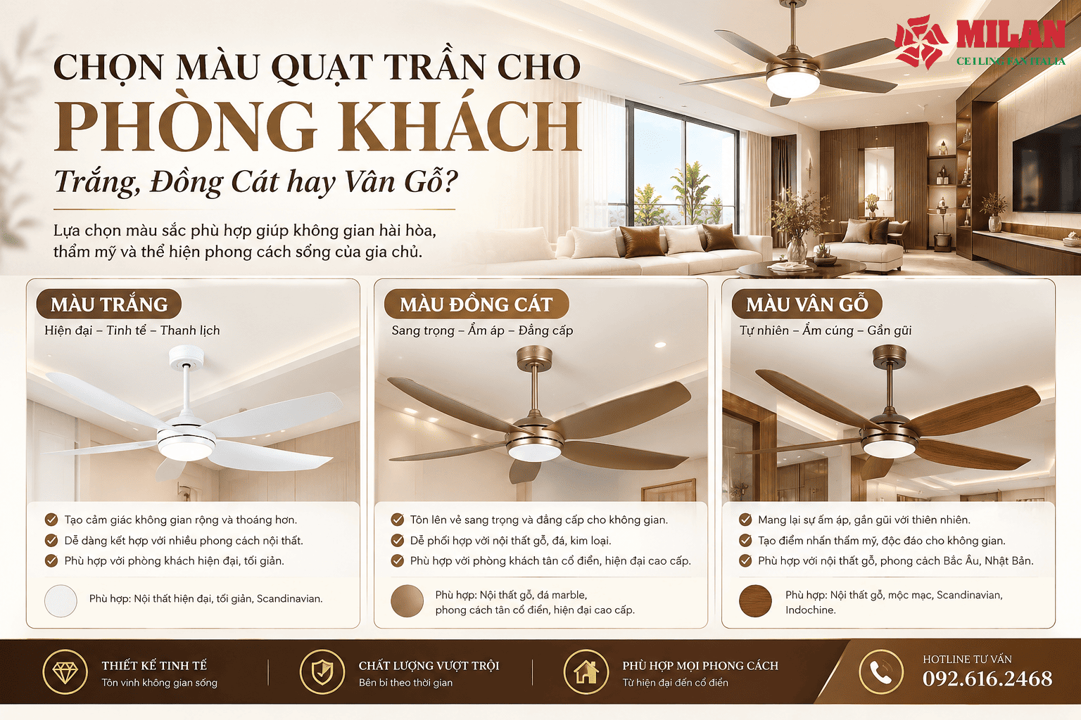 Chọn Màu Quạt Trần Cho Phòng Khách: Trắng, Đồng Cát Hay Vân Gỗ?