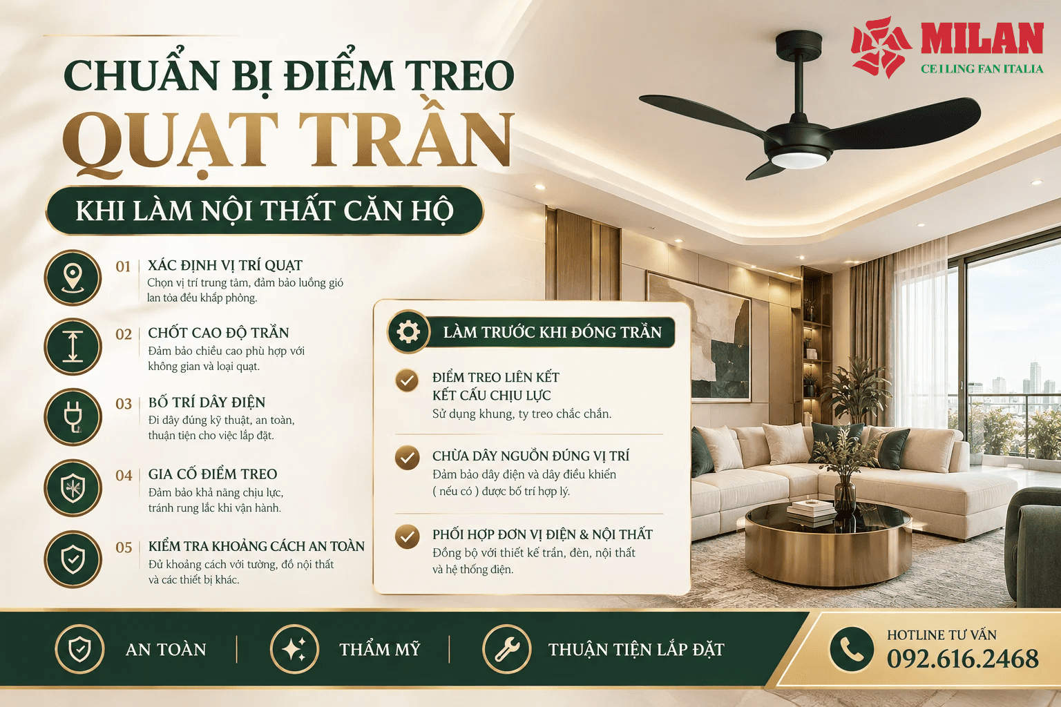 Chuẩn Bị Điểm Treo Quạt Trần Khi Làm Nội Thất Căn Hộ