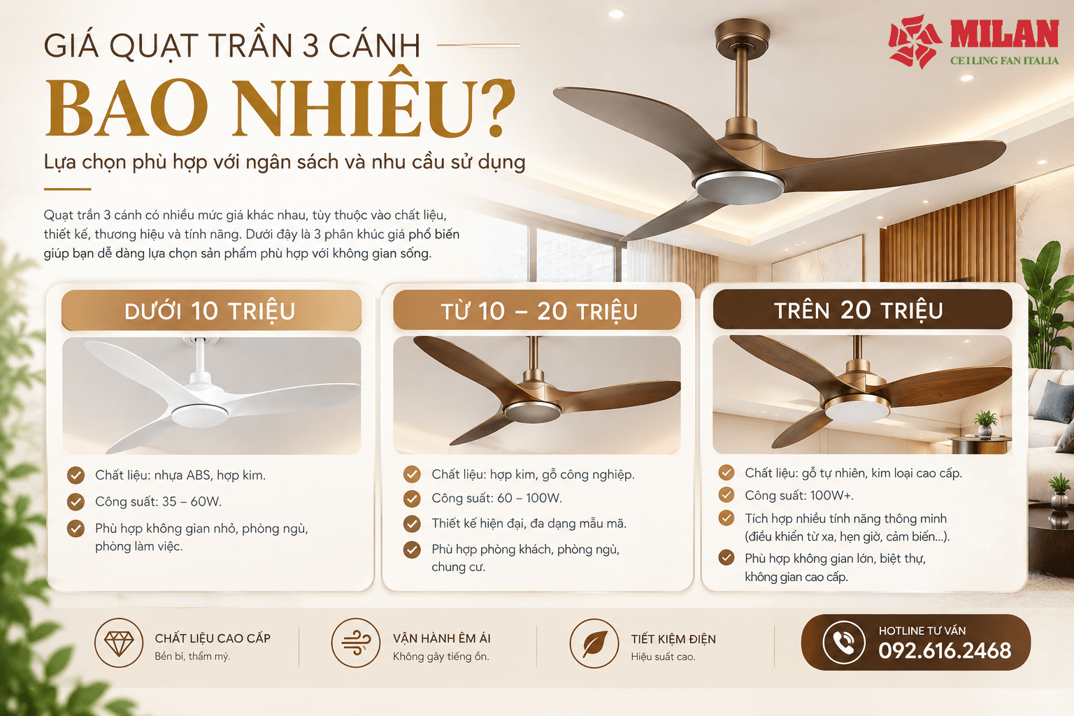 Giá Quạt Trần 3 Cánh Bao Nhiêu? Bảng Giá Theo Phân Khúc Và Mẫu Bán Chạy Nhất