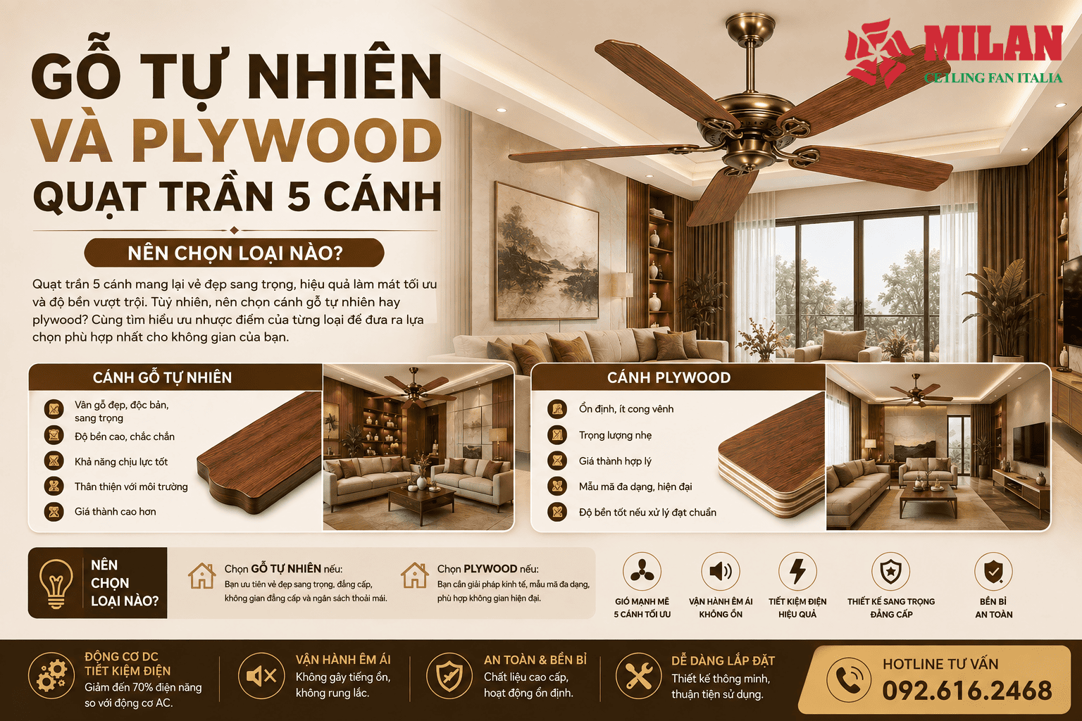 Gỗ Tự Nhiên Và Plywood Quạt Trần 5 Cánh: Nên Chọn Loại Nào?