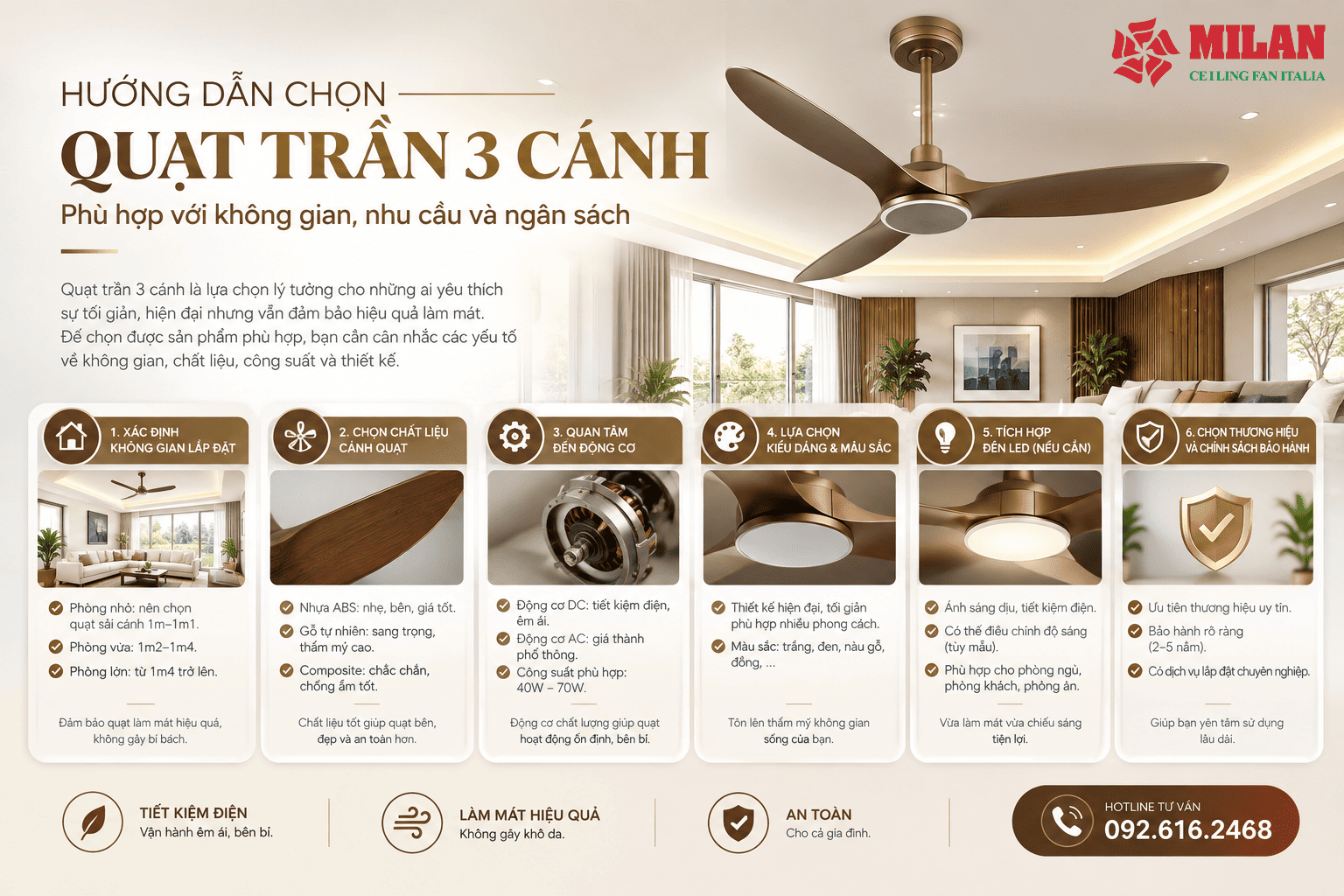 Hướng Dẫn Chọn Quạt Trần 3 Cánh Theo Diện Tích, Số Cánh Và Chất Liệu