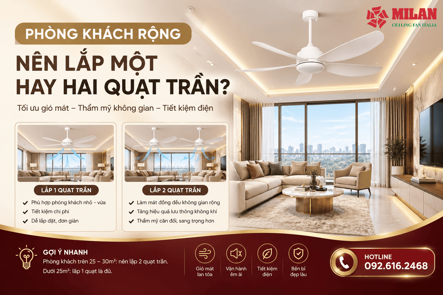 Phòng Khách Rộng Nên Lắp Một Hay Hai Quạt Trần?