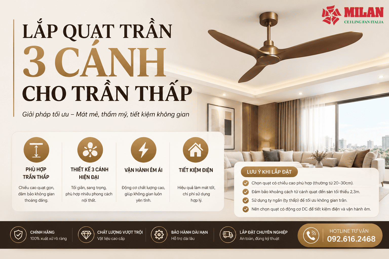 Lắp Quạt Trần 3 Cánh Cho Trần Thấp