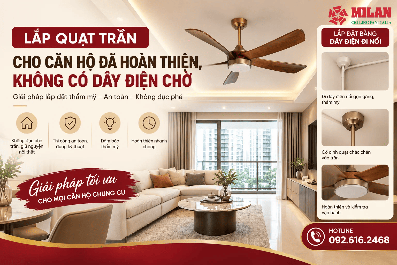 Lắp Quạt Trần Cho Căn Hộ Đã Hoàn Thiện, Không Có Dây Điện Chờ