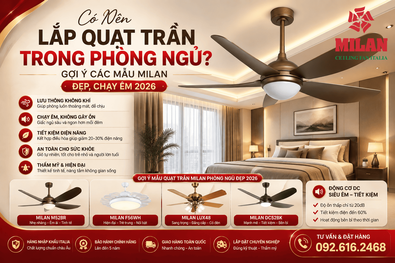 Có Nên Lắp Quạt Trần Trong Phòng Ngủ? Gợi Ý Các Mẫu MILAN Đẹp, Chạy Êm 2026