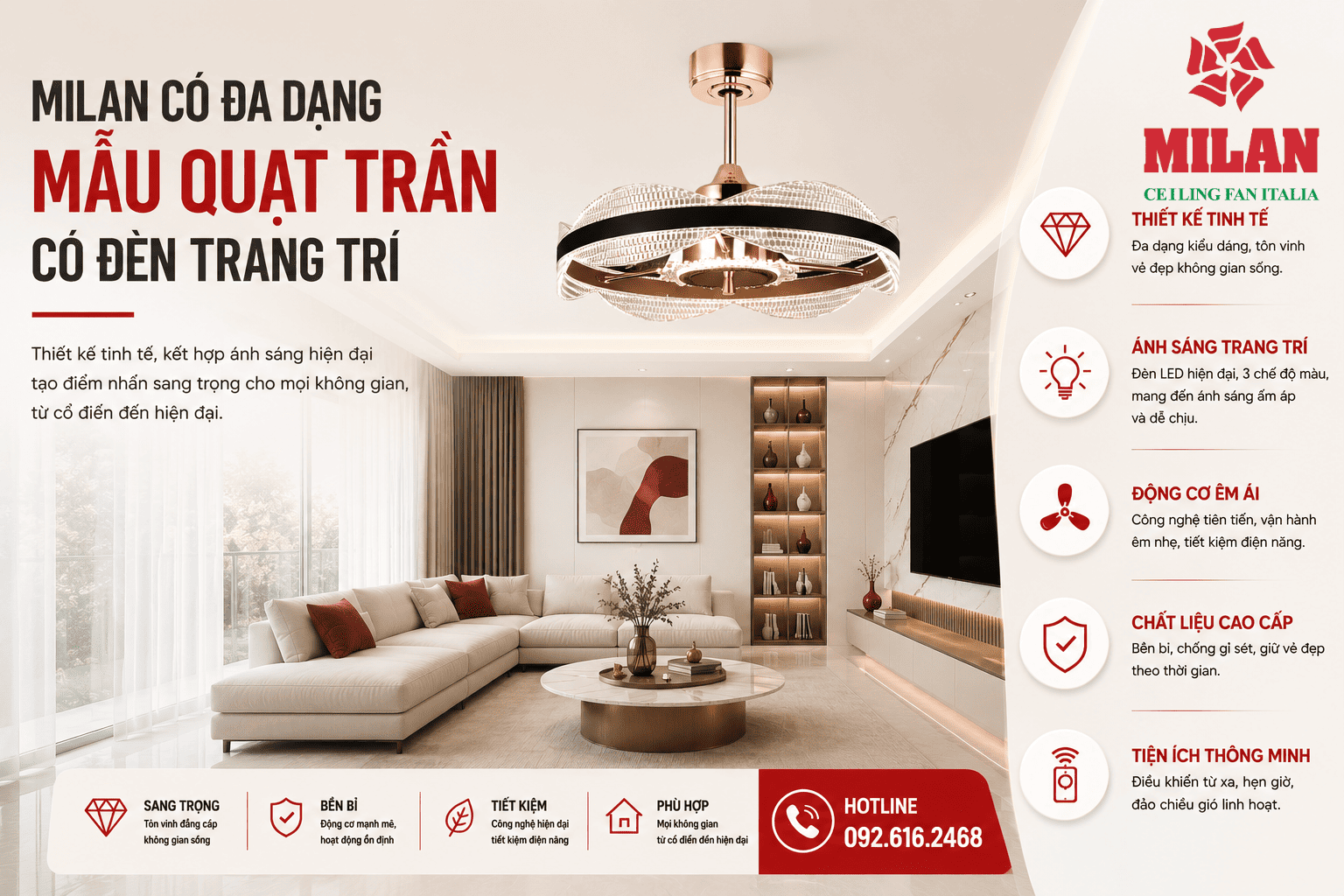 Milan Có Đa Dạng Mẫu Quạt Trần Có Đèn Trang Trí