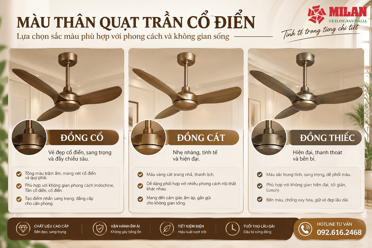 Màu Thân Quạt Trần Cổ Điển: Đồng Cổ, Đồng Cát, Đồng Thiếc
