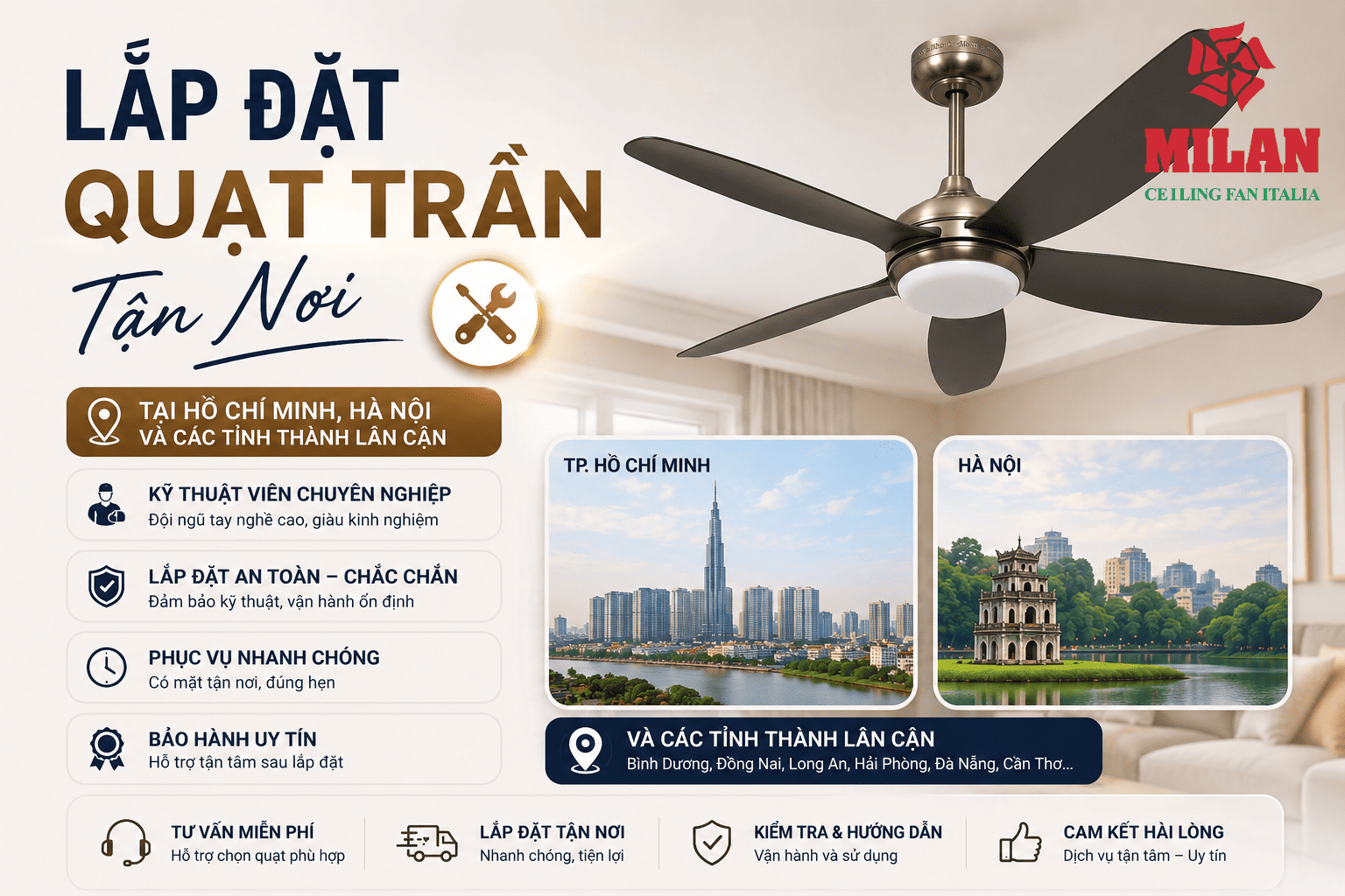 Lắp Đặt Quạt Trần Tận Nơi Tại Hồ Chí Minh, Hà Nội Và Các Tỉnh Thành Lân Cận