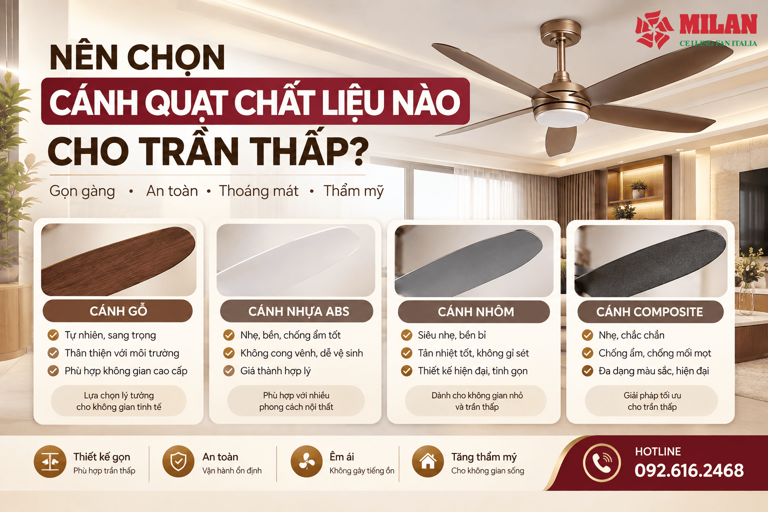 Nên Chọn Cánh Quạt Chất Liệu Nào Cho Trần Thấp?