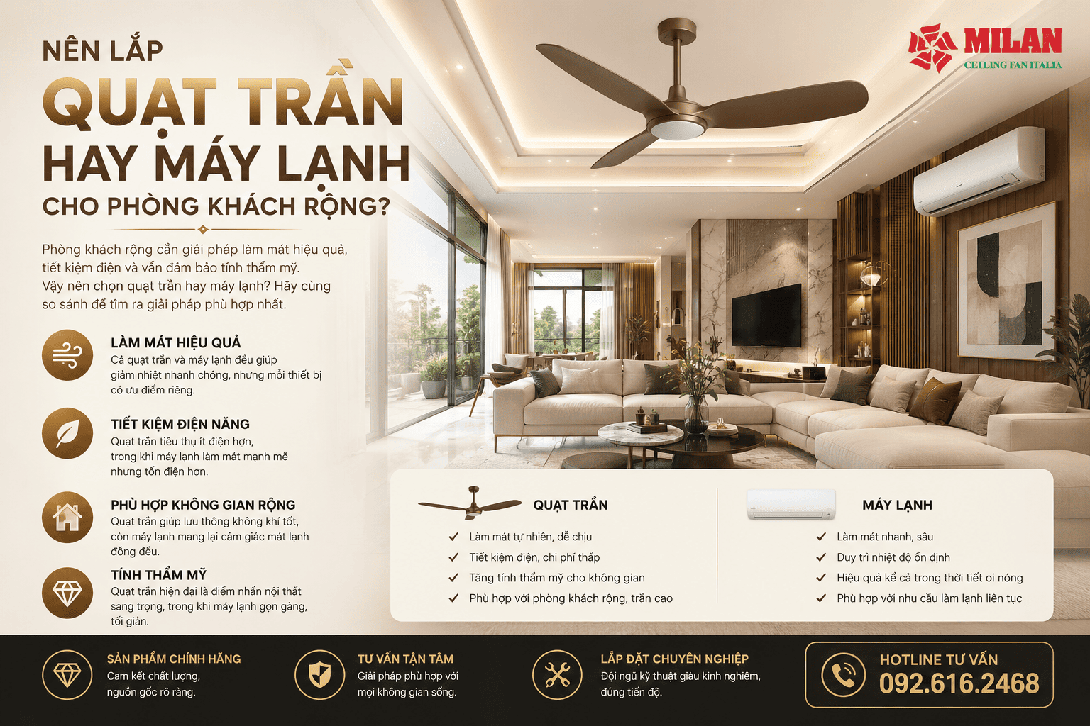 Nên Lắp Quạt Trần Hay Máy Lạnh Cho Phòng Khách Rộng?