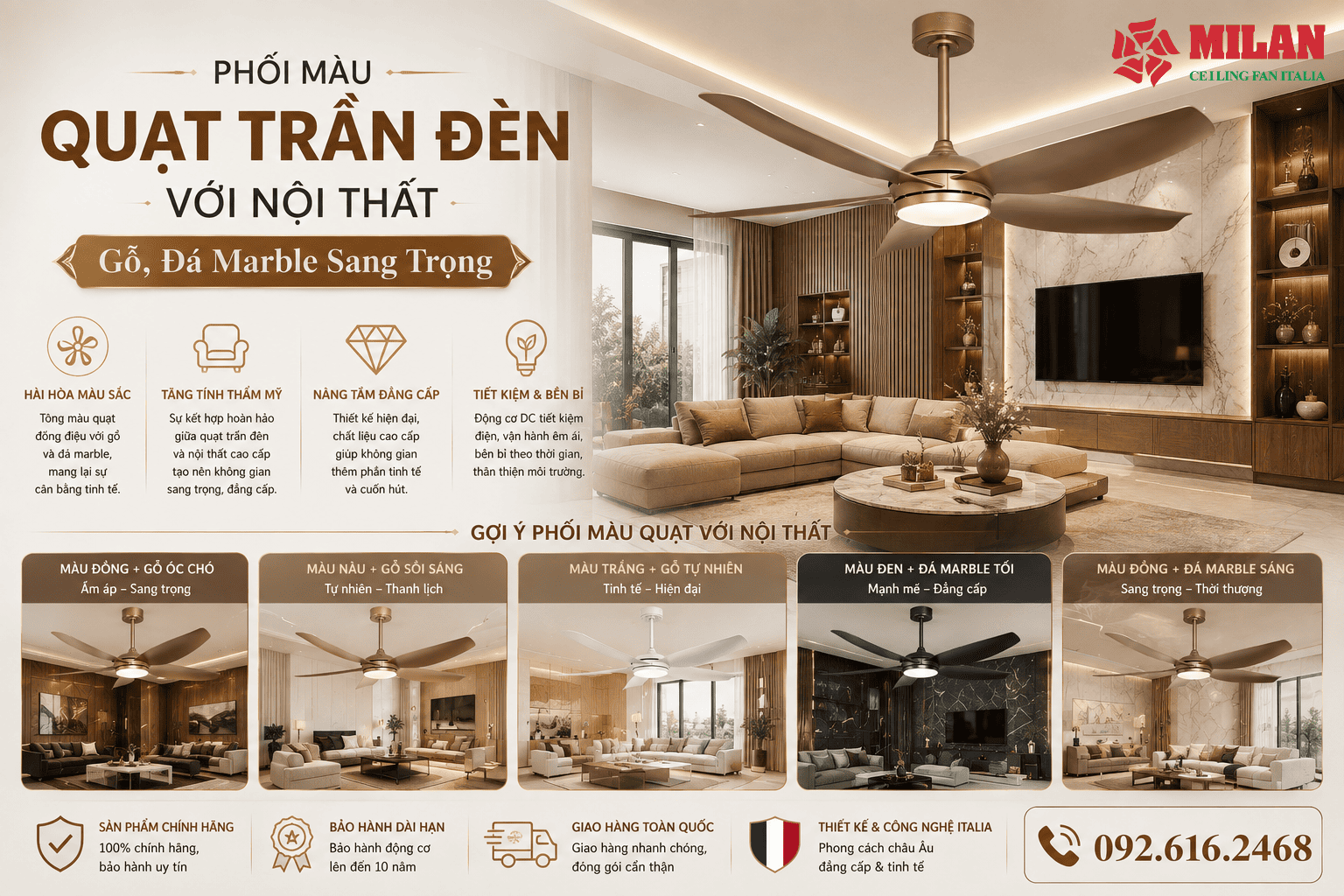 Phối Màu Quạt Trần Đèn Với Nội Thất Gỗ, Đá Marble Sang Trọng