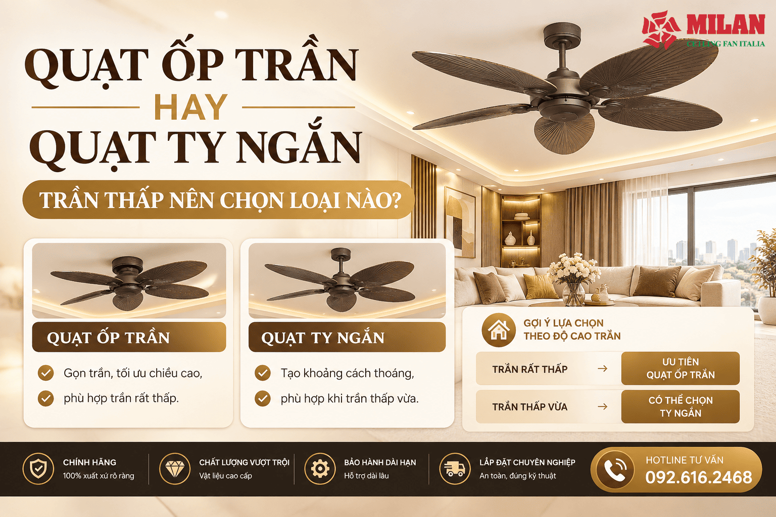 Quạt Ốp Trần Hay Quạt Ty Ngắn: Trần Thấp Nên Chọn Loại Nào?