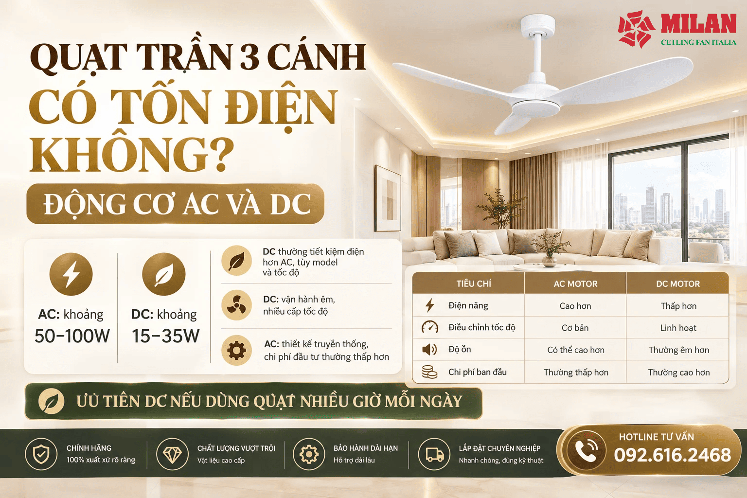 Quạt Trần 3 Cánh Có Tốn Điện Không? Động Cơ AC Và DC