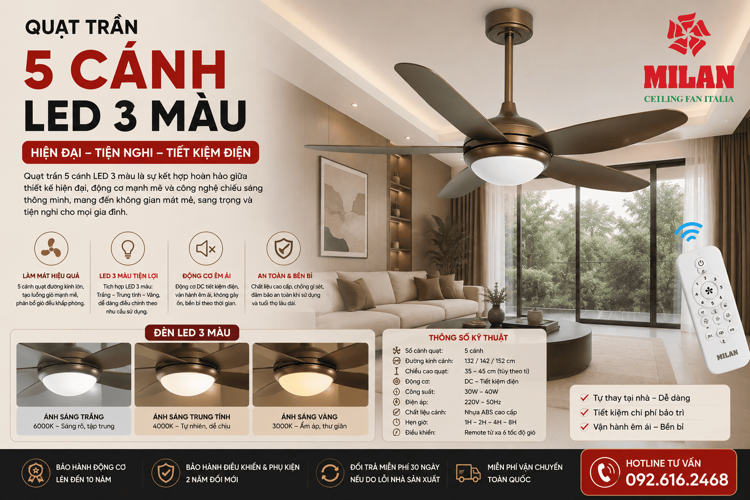 Quạt Trần 5 Cánh LED 3 Màu