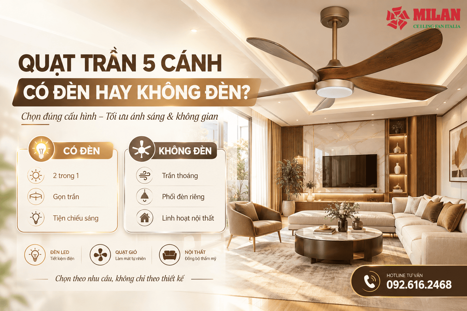 Quạt Trần 5 Cánh Có Đèn Hay Không Đèn: Loại Nào Phù Hợp Với Bạn?
