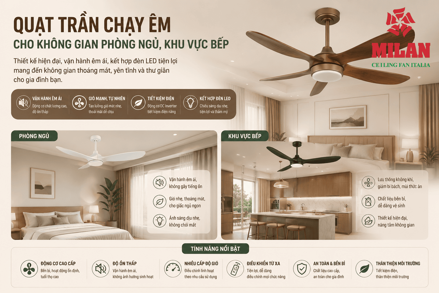 Quạt Trần Chạy Êm Cho Không Gian Phòng Ngủ, Khu Vực Bếp