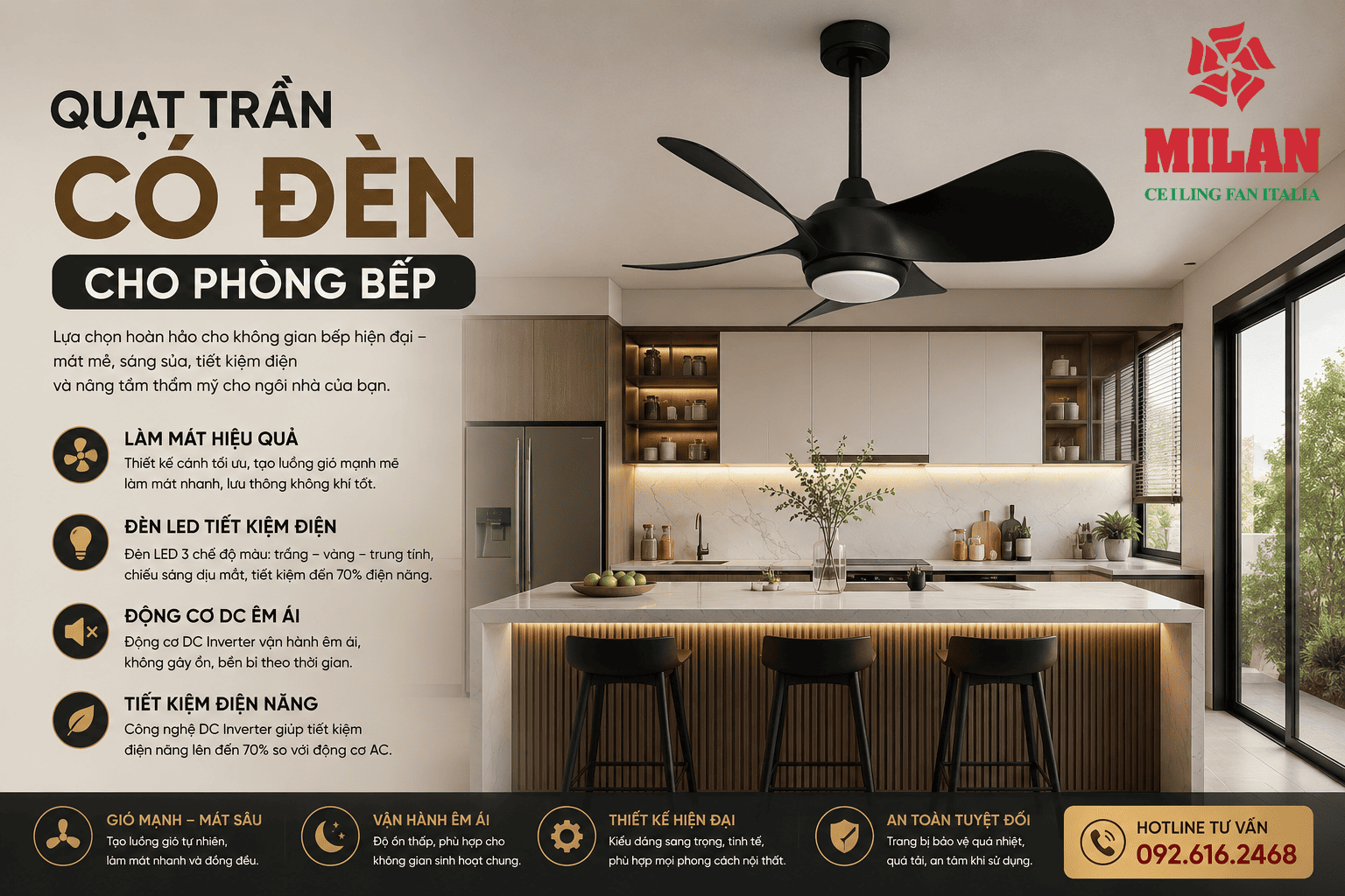 Quạt Trần Có Đèn Cho Phòng Bếp