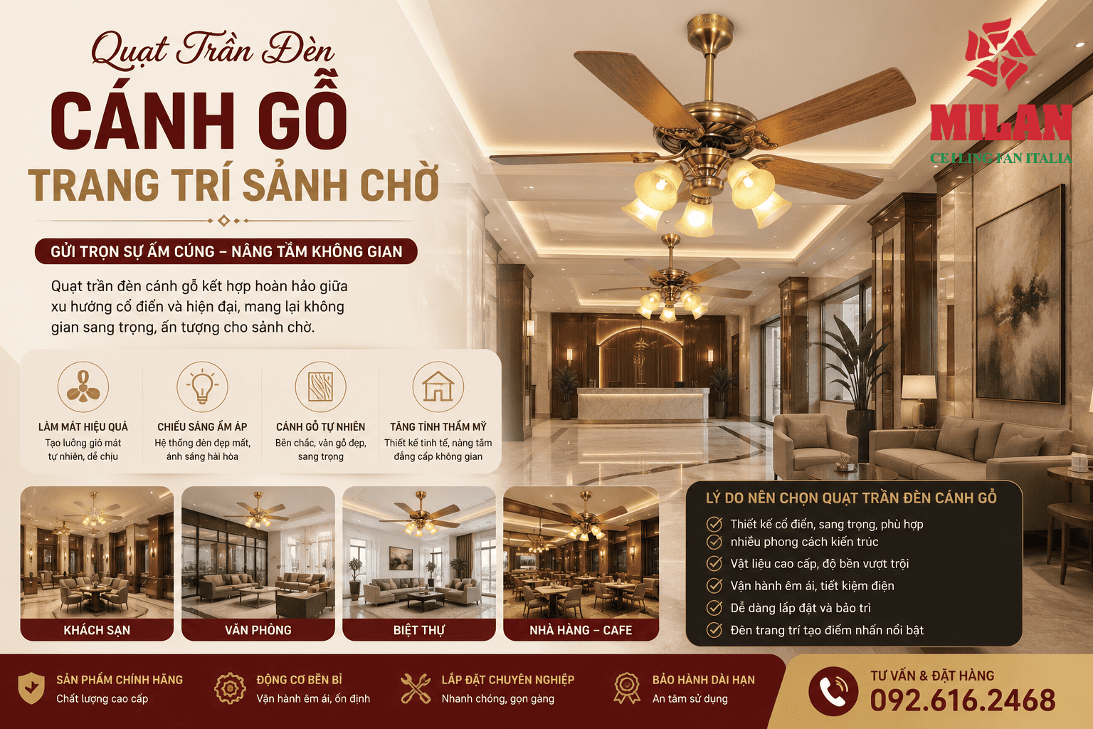 Quạt Trần Đèn Cánh Gỗ Trang Trí Sảnh Chờ
