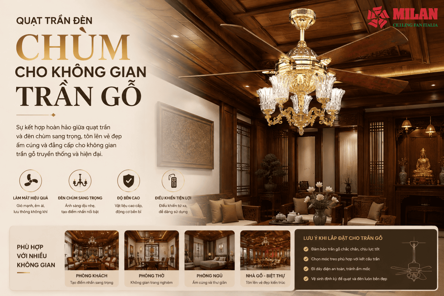 Quạt Trần Đèn Chùm Cho Không Gian Trần Gỗ