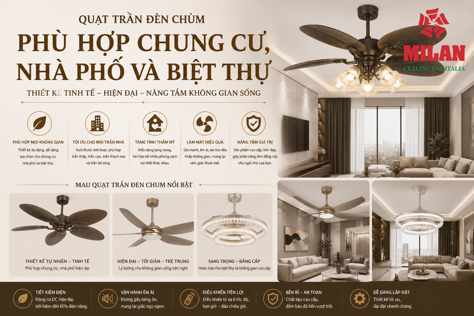 Quạt Trần Đèn Chùm Phù Hợp Chung Cư, Nhà Phố Và Biệt Thự