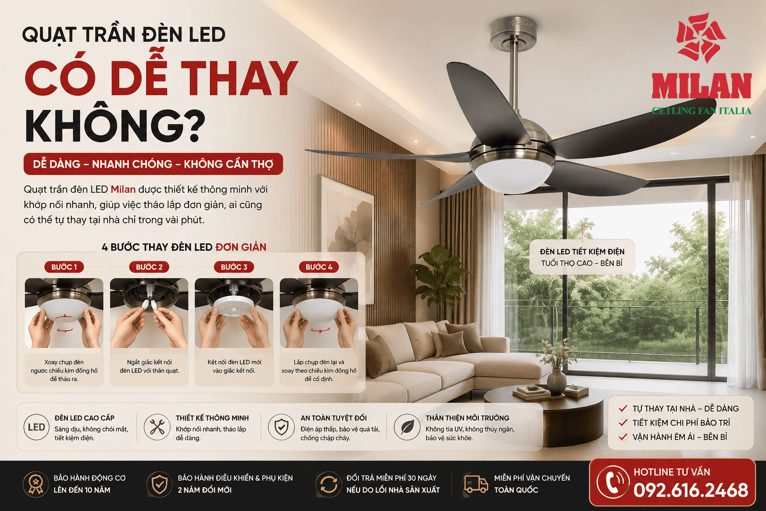 Quạt Trần Đèn LED Có Dễ Thay Không?