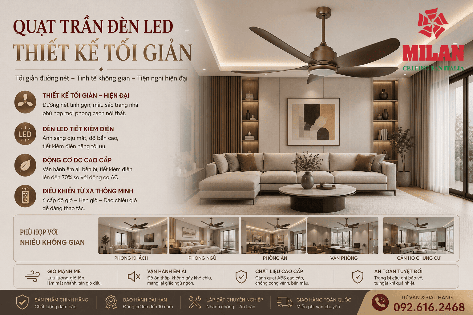 Quạt Trần Đèn LED Thiết Kế Tối Giản
