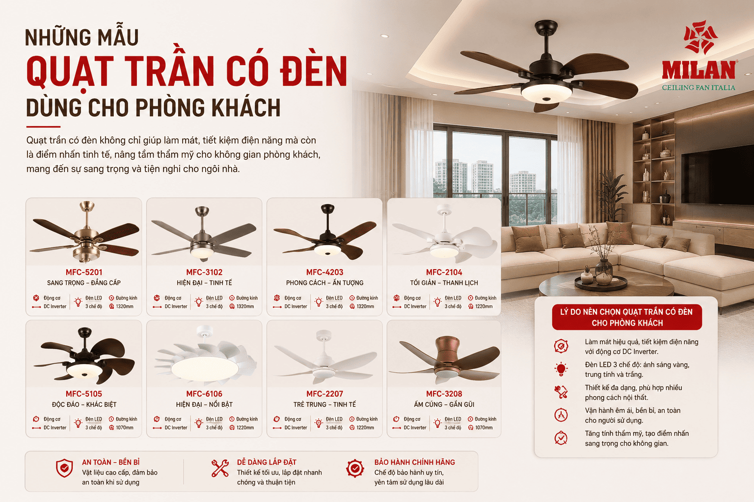 Những Mẫu Quạt Trần Có Đèn Dùng Cho Phòng Khách