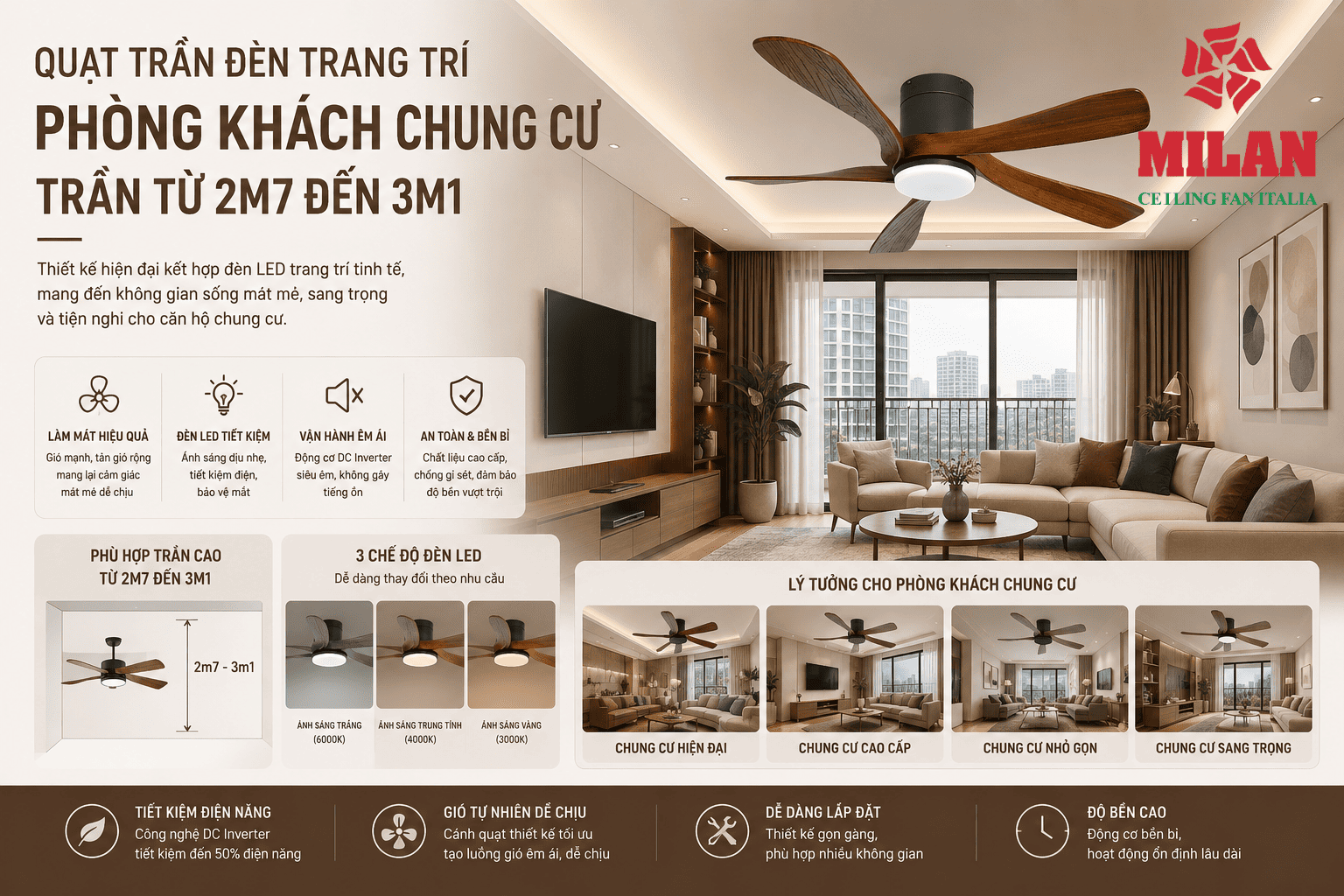 Quạt Trần Đèn Trang Trí Phòng Khách Chung Cư Trần Từ 2m7 Đến 3m1