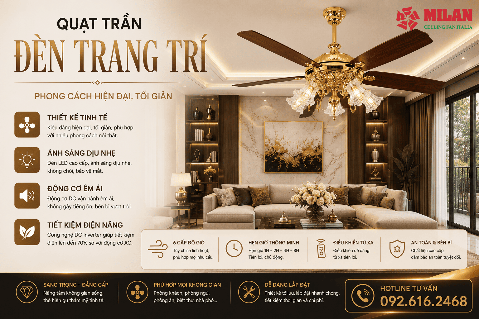 Quạt Trần Đèn Trang Trí Phong Cách Hiện Đại, Tối Giản