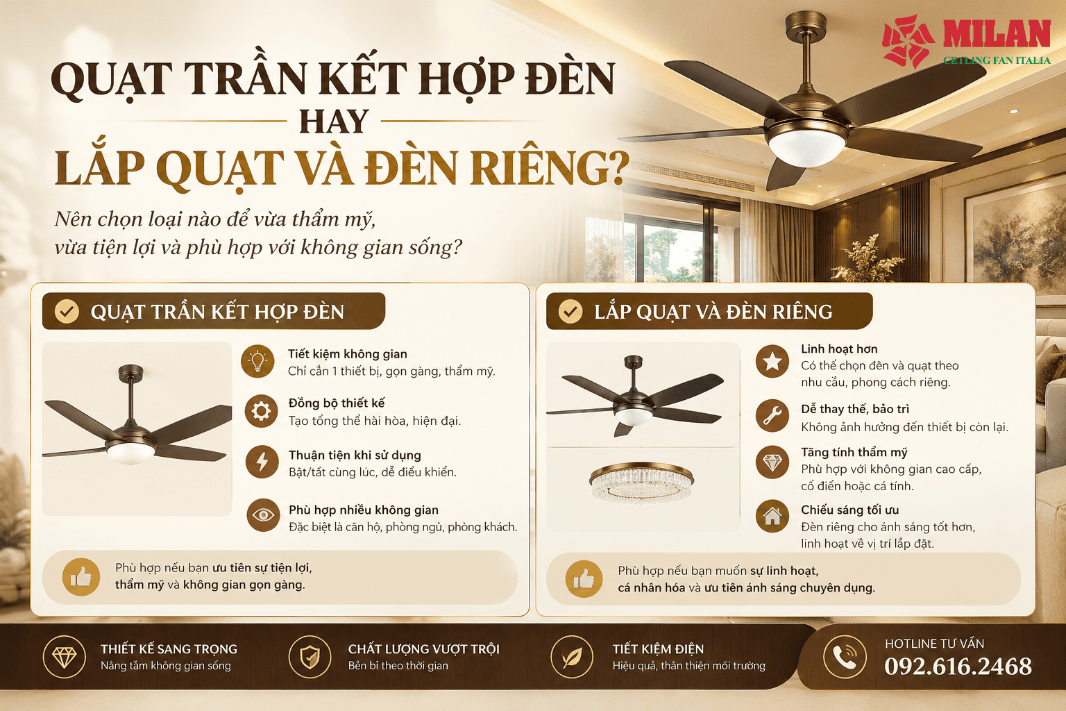 Quạt Trần Kết Hợp Đèn Hay Lắp Quạt Và Đèn Riêng?