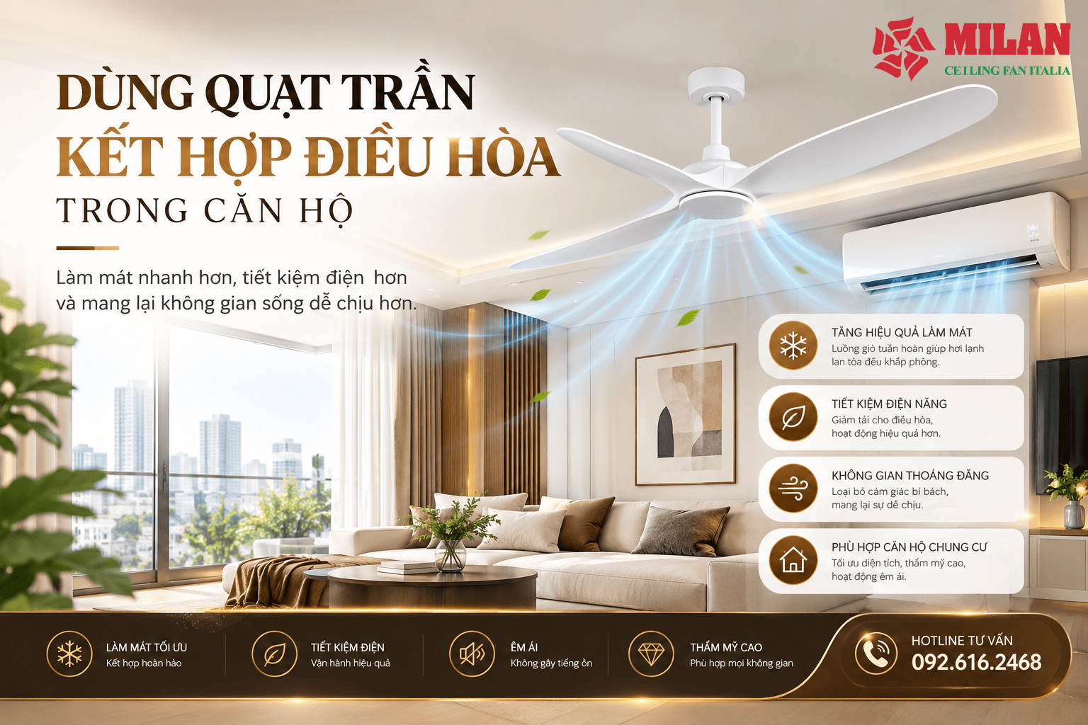 Dùng Quạt Trần Kết Hợp Điều Hòa Trong Căn Hộ