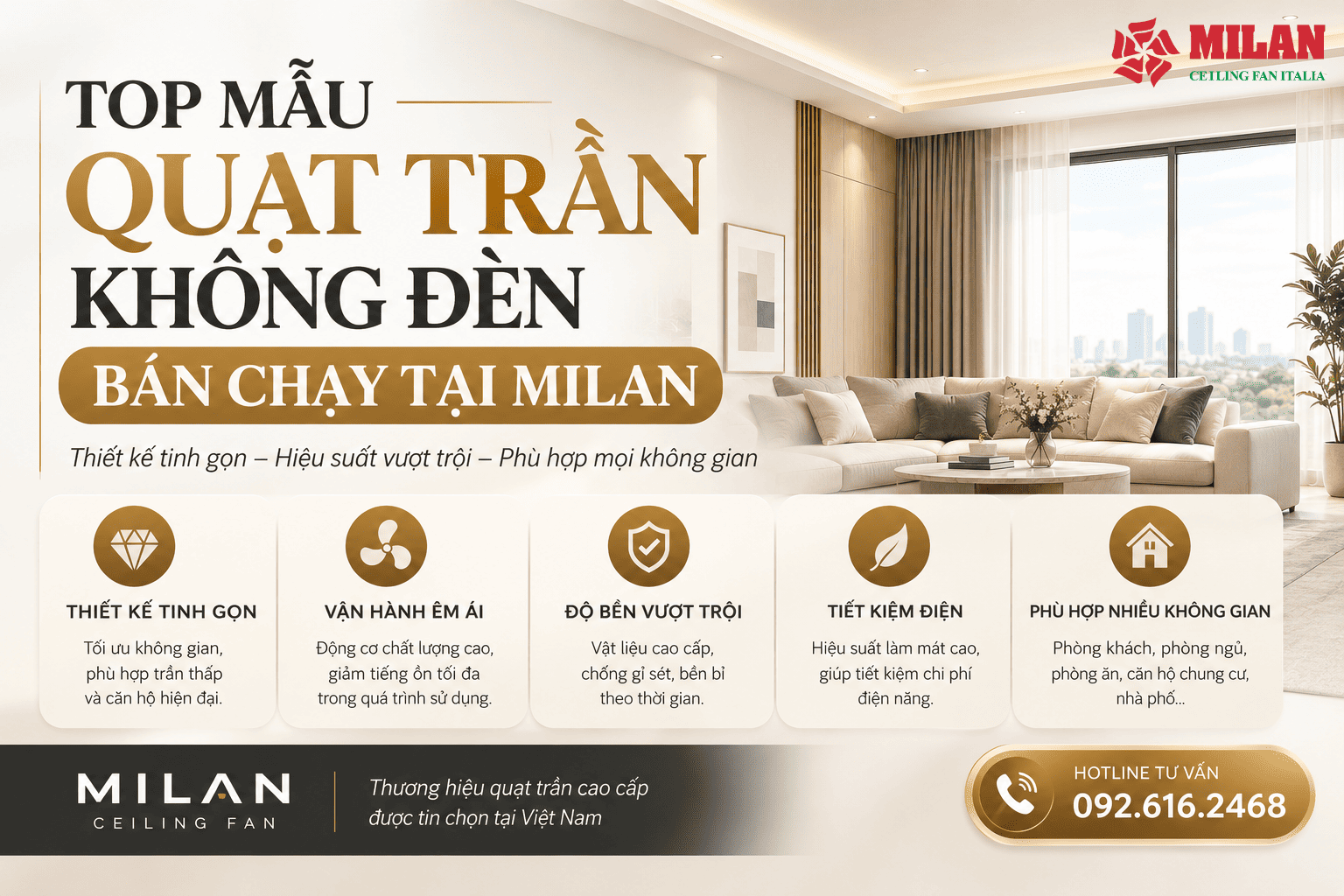 Top Mẫu Quạt Trần Không Đèn Bán Chạy Tại Milan