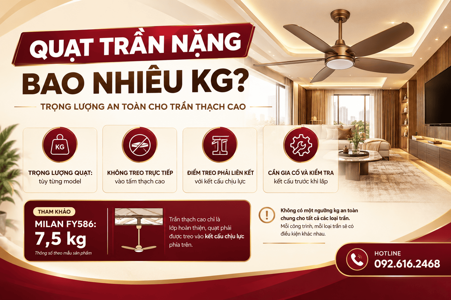 Quạt Trần Nặng Bao Nhiêu Kg? Trọng Lượng An Toàn Cho Trần Thạch Cao