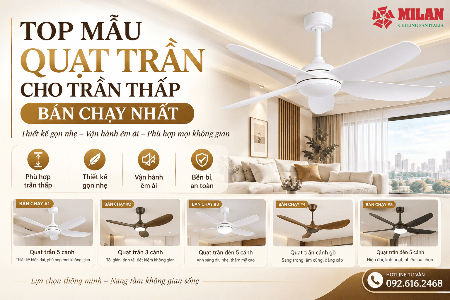 Top Mẫu Quạt Trần Cho Trần Thấp Bán Chạy Nhất