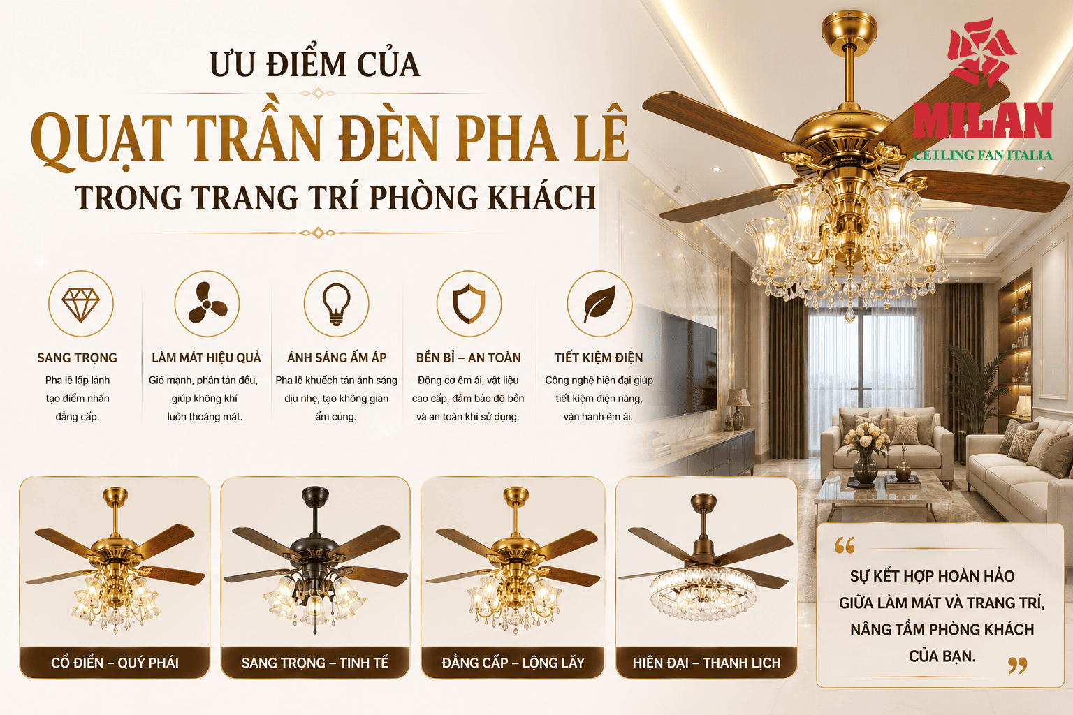 Ưu Điểm Của Quạt Trần Đèn Pha Lê Trong Trang Trí Phòng Khách