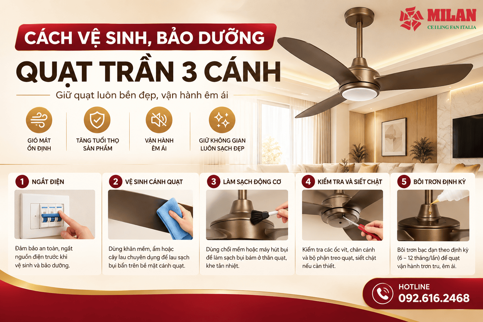 Cách Vệ Sinh, Bảo Dưỡng Quạt Trần 3 Cánh