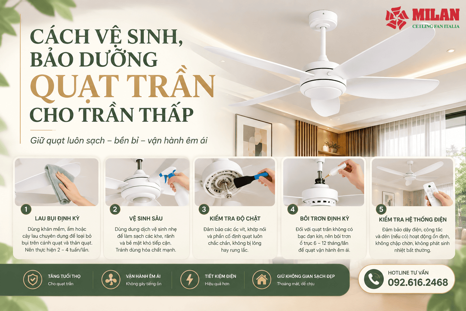 Cách Vệ Sinh, Bảo Dưỡng Quạt Trần Cho Trần Thấp